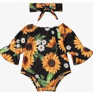 6 Months size 70 Baby Girl Sunflower Flare Sleeve Jumpsuit Onesie w/ Headband